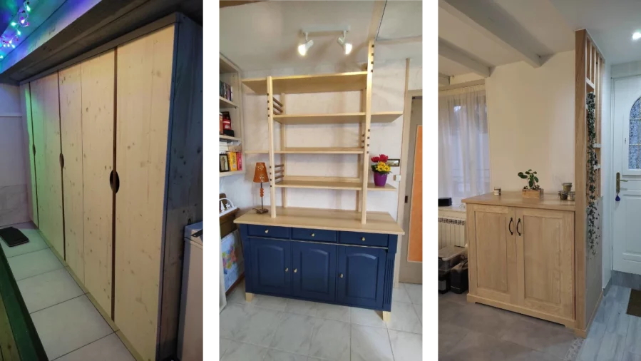 Dressing d'entrée sur mesure et upcyling de meuble en bibliotheque sur mesure à nogent le rotrou 28, claustra et meuble bas sur mesure en bretagne 35 par l'Atelier Bois Robain.